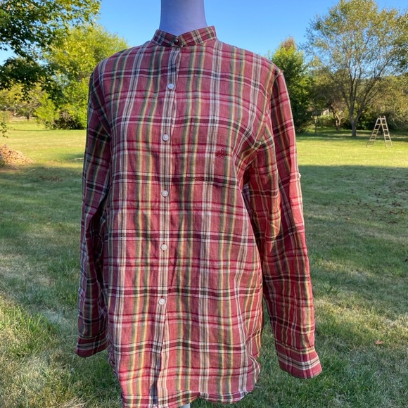 Lauren Ralph Lauren Linen Plaid Blouse Red and Green - Picture 4 of 12